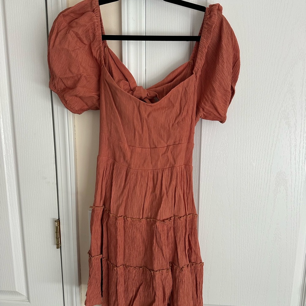 Altar'd State Rust Backless Tiered Puff Sleeve Dress